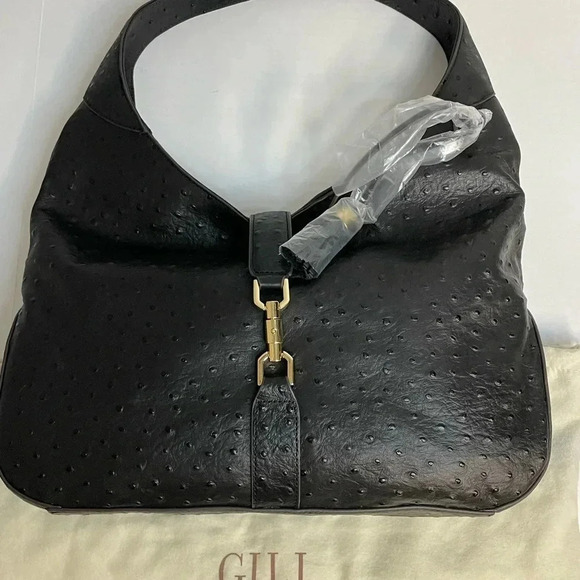 GILI Ostrich Leather Hobo Bag Stirrup Black NWOT Dust bag Shoulder Purse Handbag - Picture 2 of 8